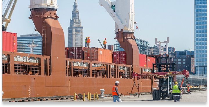 Shipping barge with Cleveland Skyline