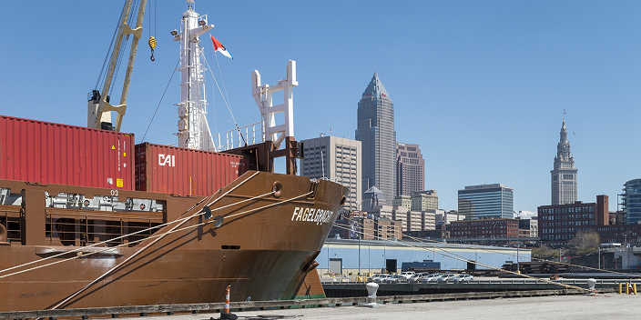 shipping barge with Cleveland Skyline in the background